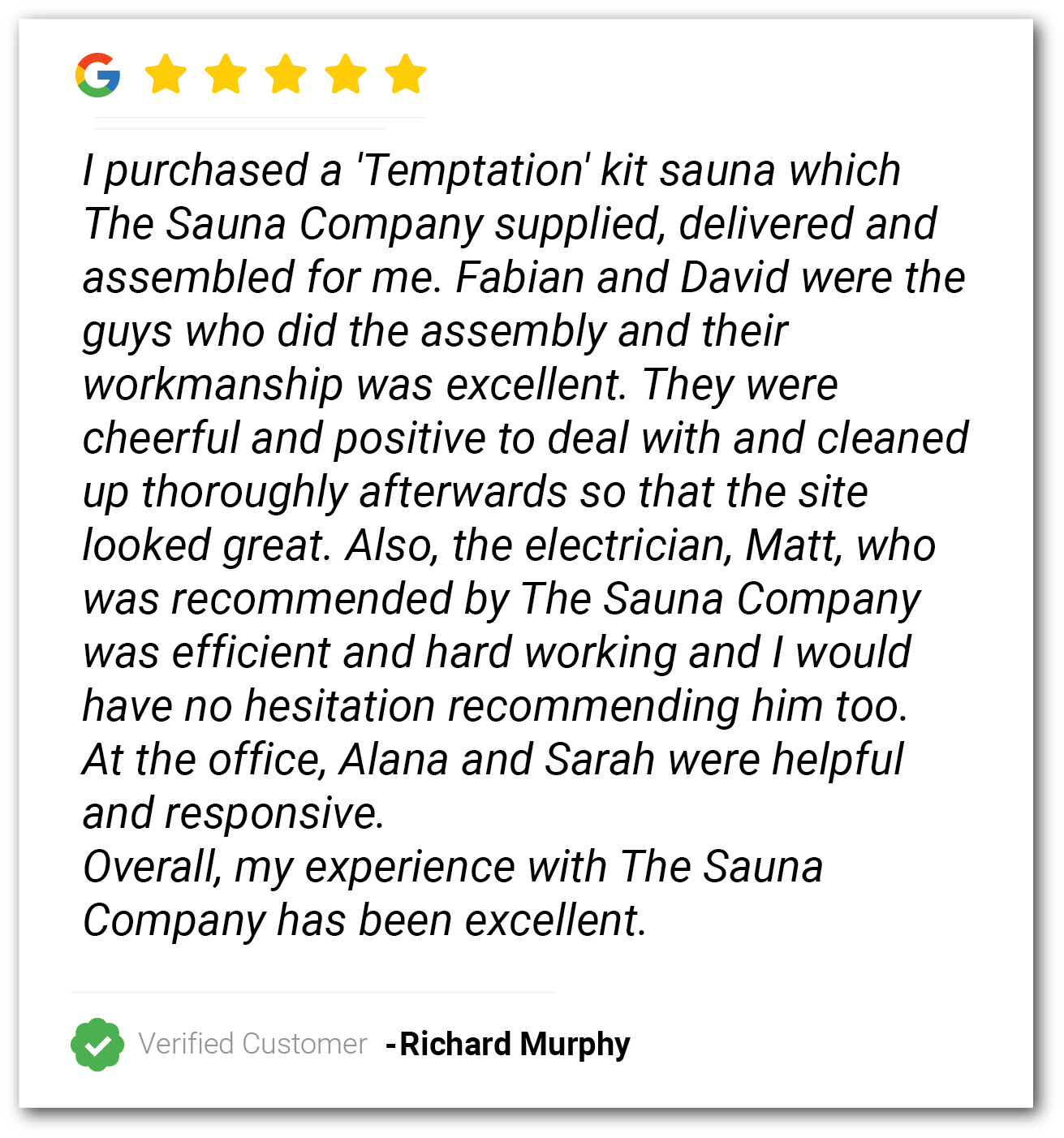 Customer review card with five gold stars and a testimonial praising The Sauna Company, signed Richard Murphy