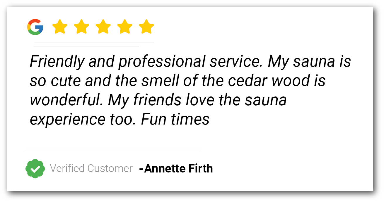 Customer review card with five gold stars and text praising friendly service and a cedar sauna.