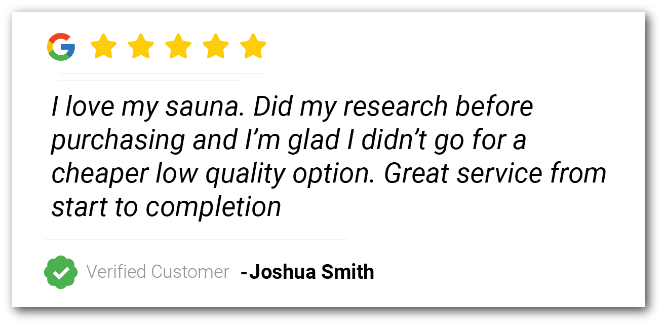 Customer review card with five gold stars and a positive testimonial from Joshua Smith.