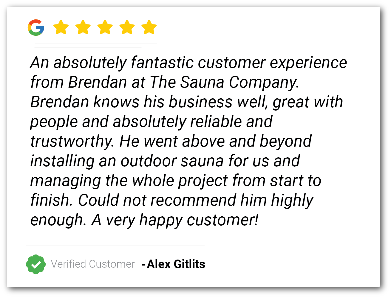 Five-star customer review praising Brendan for sauna installation and project management