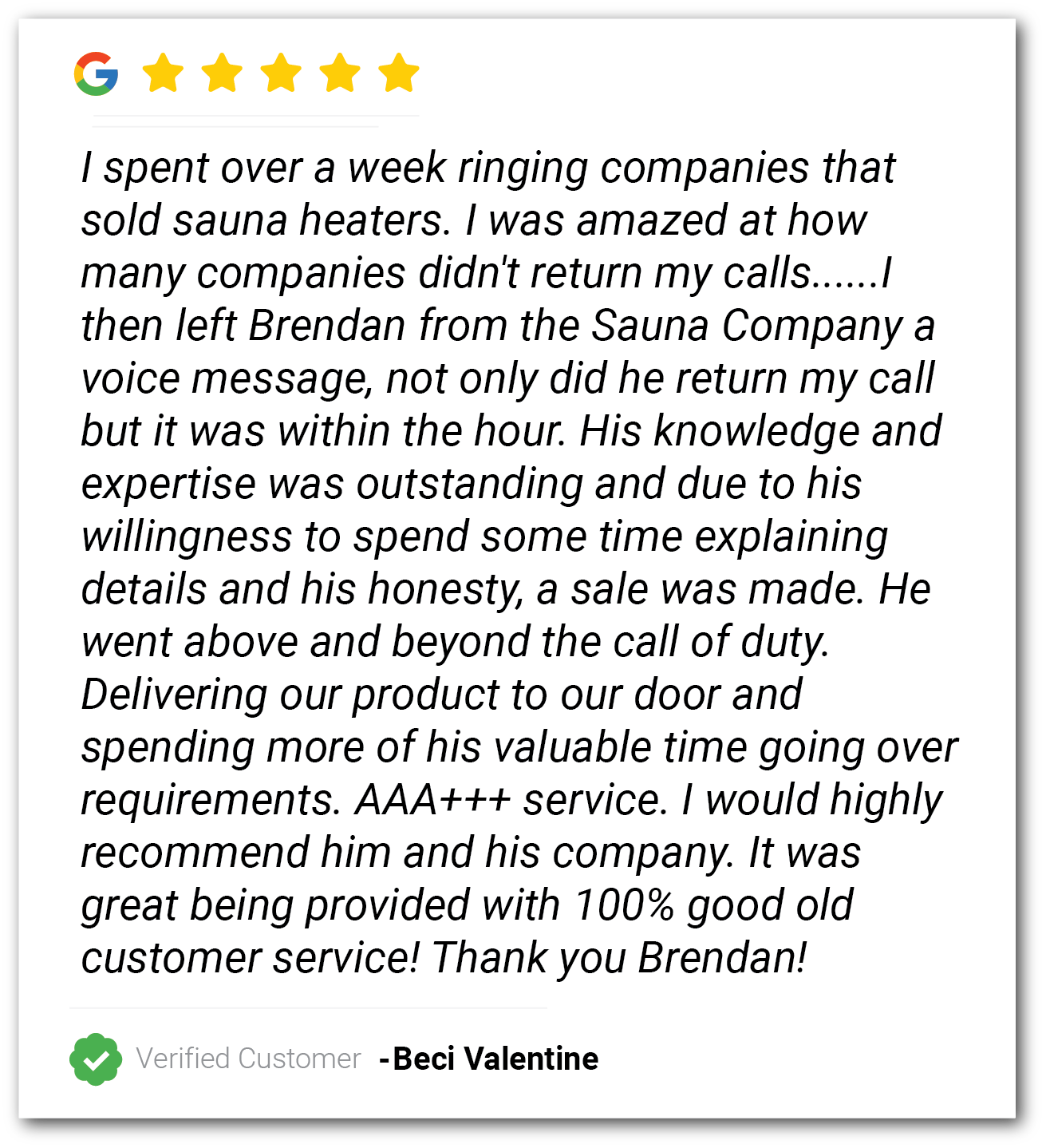 Customer testimonial with five gold stars and a review praising Brendan's service on a white background