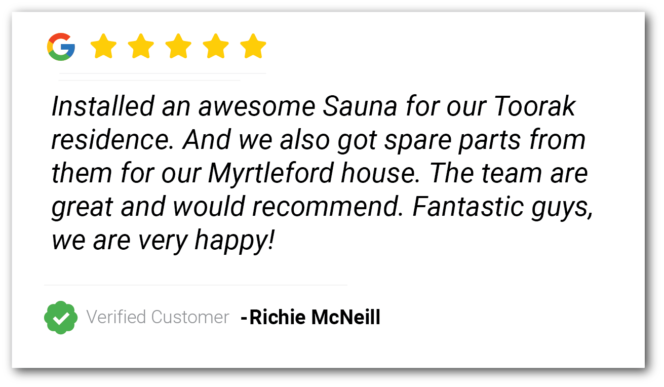 Google review screenshot praising sauna installation and team, with five-star rating and verified customer badge