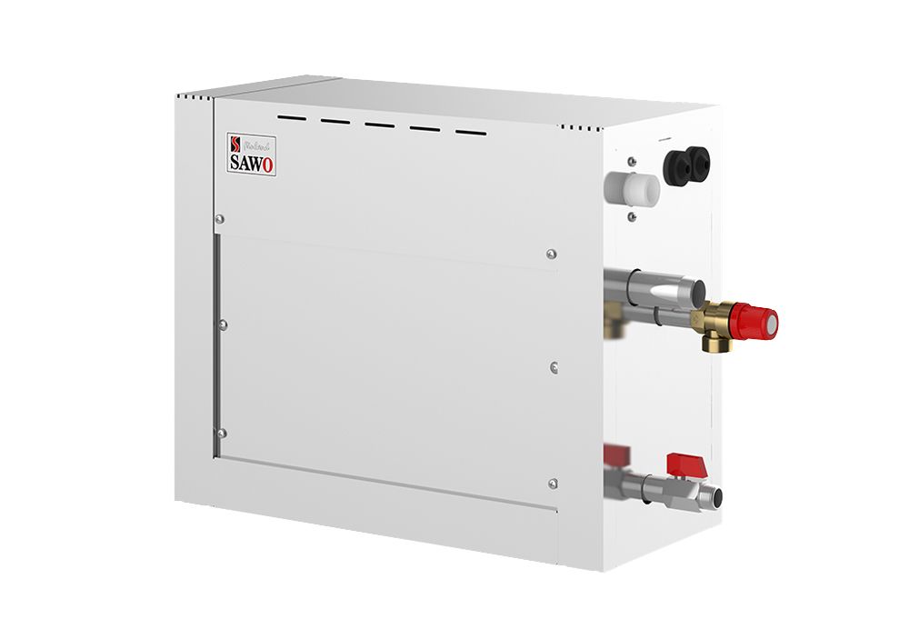 White wall-mounted industrial boiler or HVAC unit with exposed pipes and red valve.
