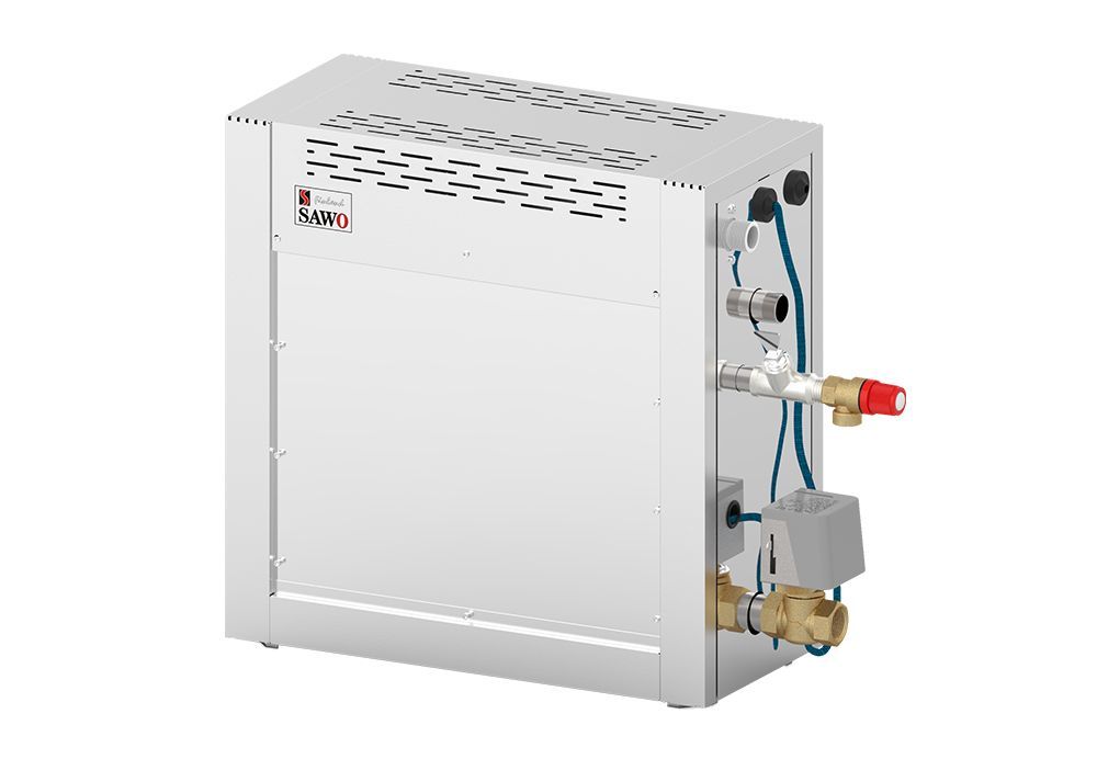 Compact white wall-mounted boiler unit with vents, pipes, and a valve on the right side