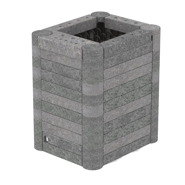 Gray concrete planter box with vertical slats and a square open top