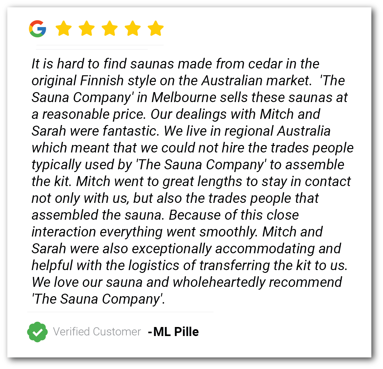 Customer review card with 5-star rating and testimonial for The Sauna Company, marked verified customer