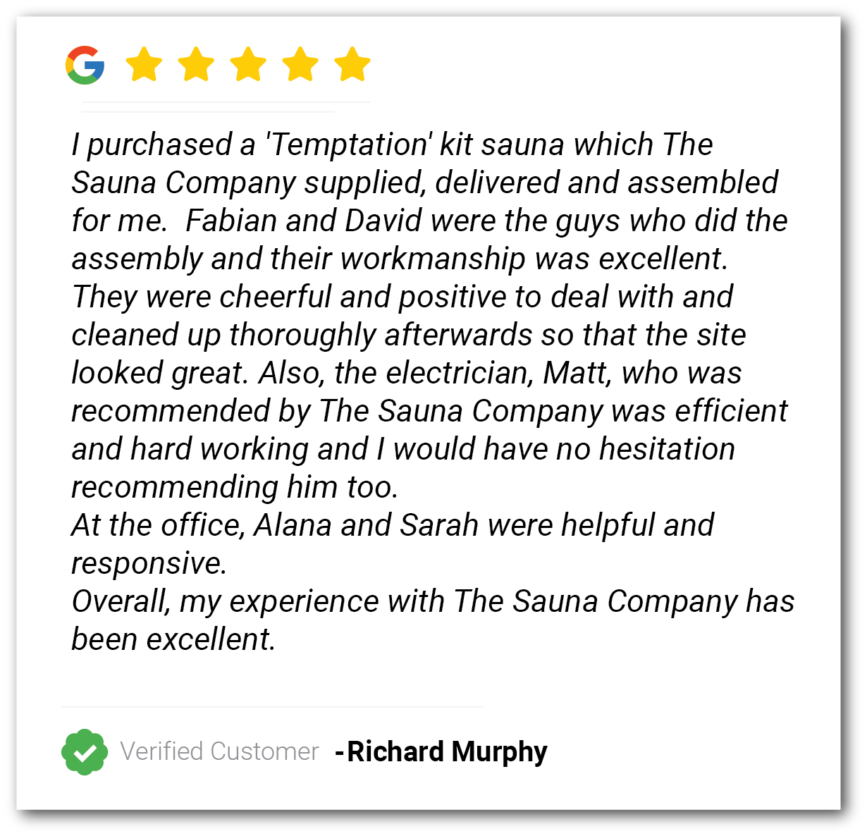 Customer review card with 5 gold stars and testimonial praising sauna kit and installation