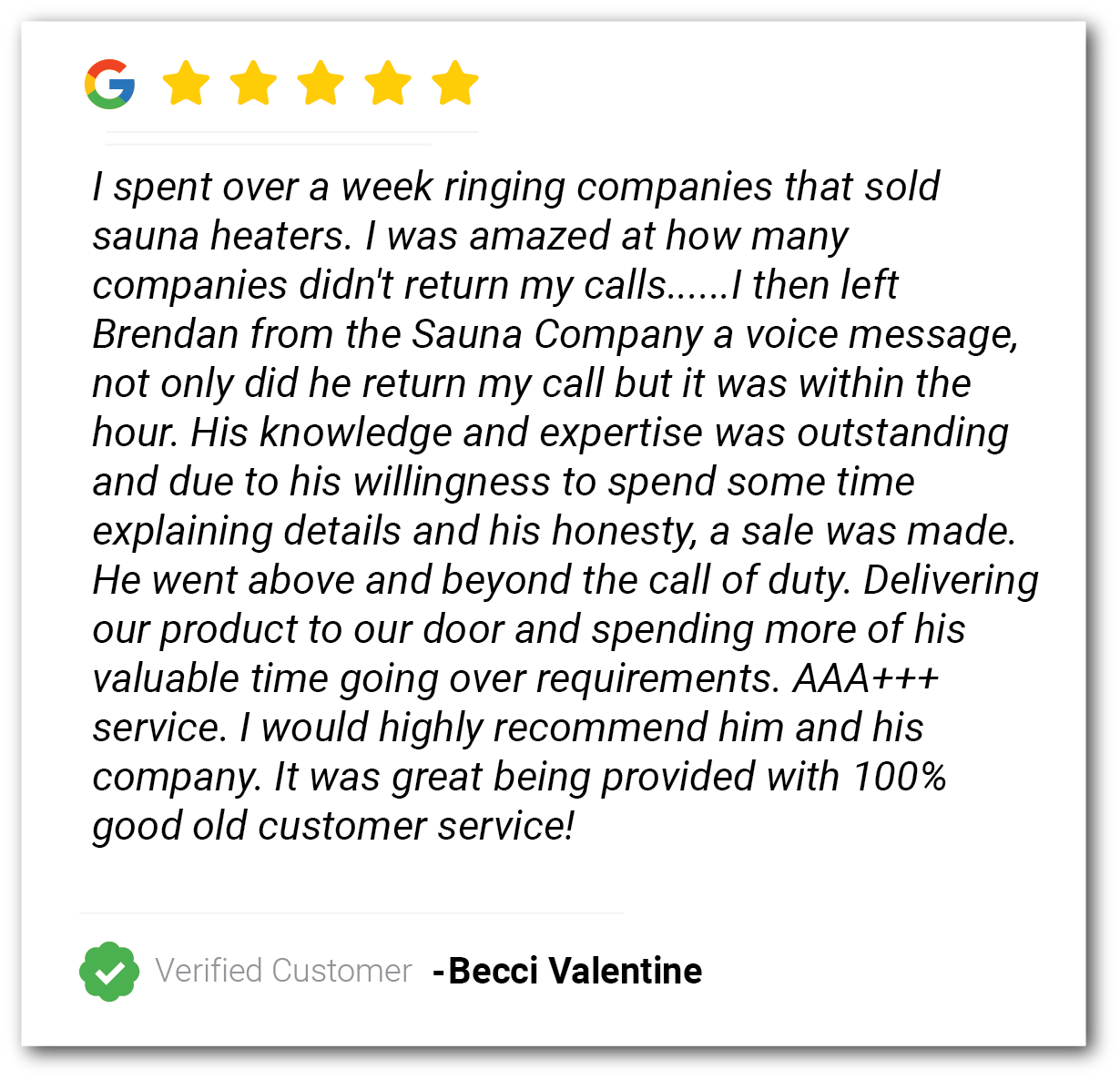 5-star customer review card praising sauna heaters, with green verified badge and customer name Becci Valentine