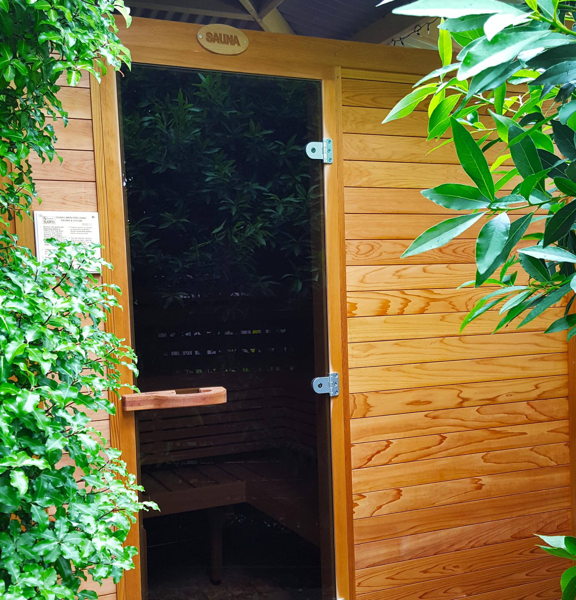 Open wooden sauna door surrounded by green foliage