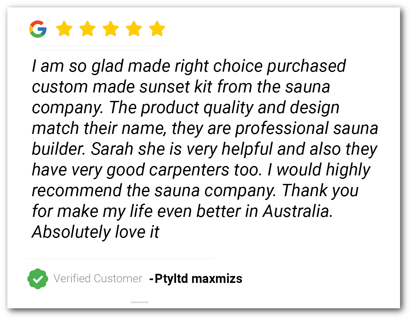 Five-star customer review praising a custom sauna, with green verified badge and Pytld maxmiz attribution