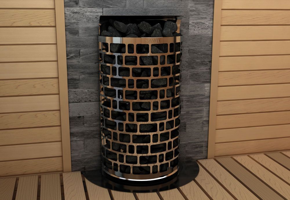 Brick fireplace with a cylindrical black metal stove set into a gray stone wall