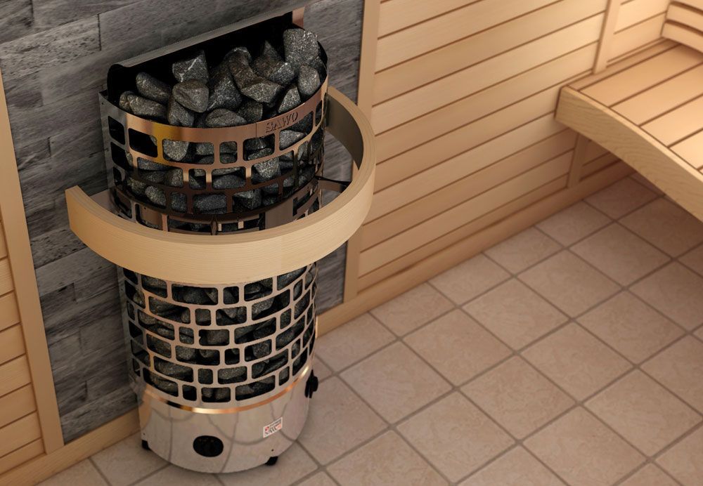 Tall metal sauna stove with stones, beside wood-paneled benches and tiled floor.