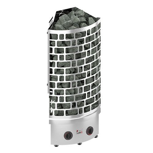 White cylindrical electric heater with faux stone pattern and two control knobs