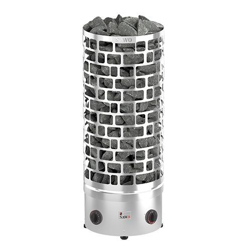 Silver cylindrical sauna heater with stacked stones and two control knobs