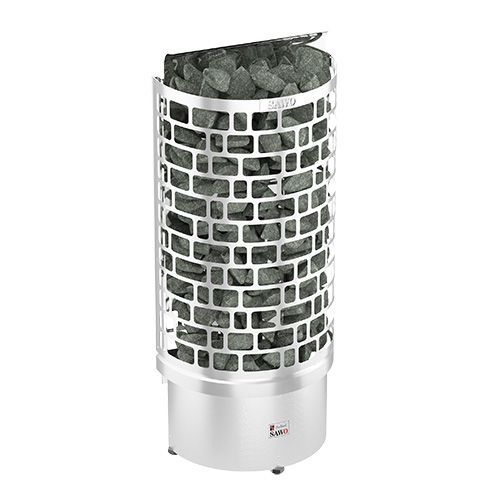 Tall cylindrical stone-pattern sauna heater with a white base on a plain background