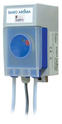 White and blue wall-mounted device with two hanging cords and a round blue front panel