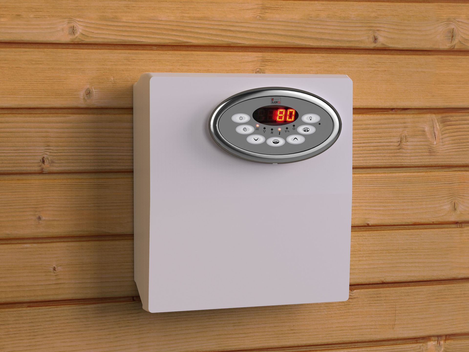 White wall-mounted control panel with red digital display on a wooden wall