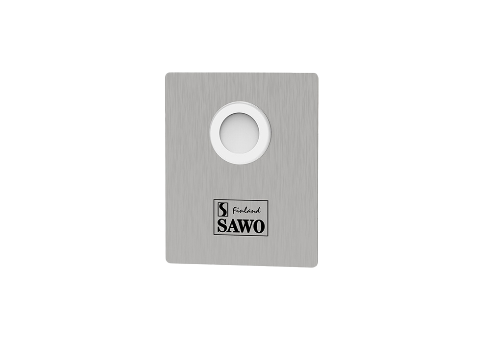 Silver SAWO sauna thermometer/hygrometer with round dial on a white background