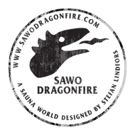 Black and white Sawo Dragonfire sauna logo with website text in a circular stamp design