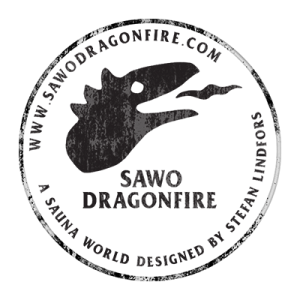 Black and white Sawo Dragonfire sauna logo with website text in a circular stamp design