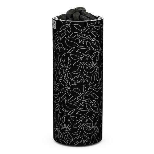 Black cylindrical container with white floral line art, filled with dark stones