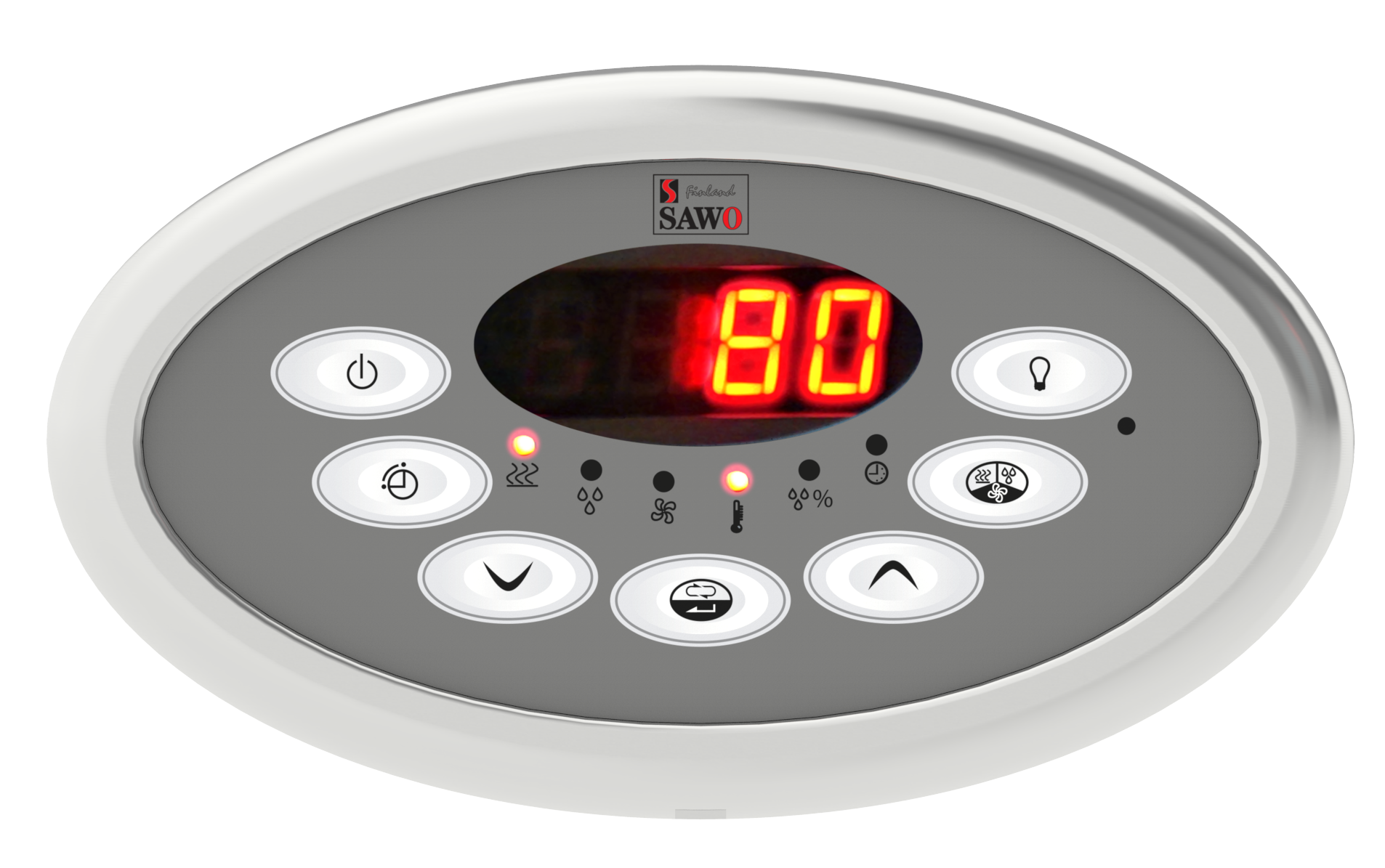 Oval gray control panel with red digital display reading 80 and several white buttons