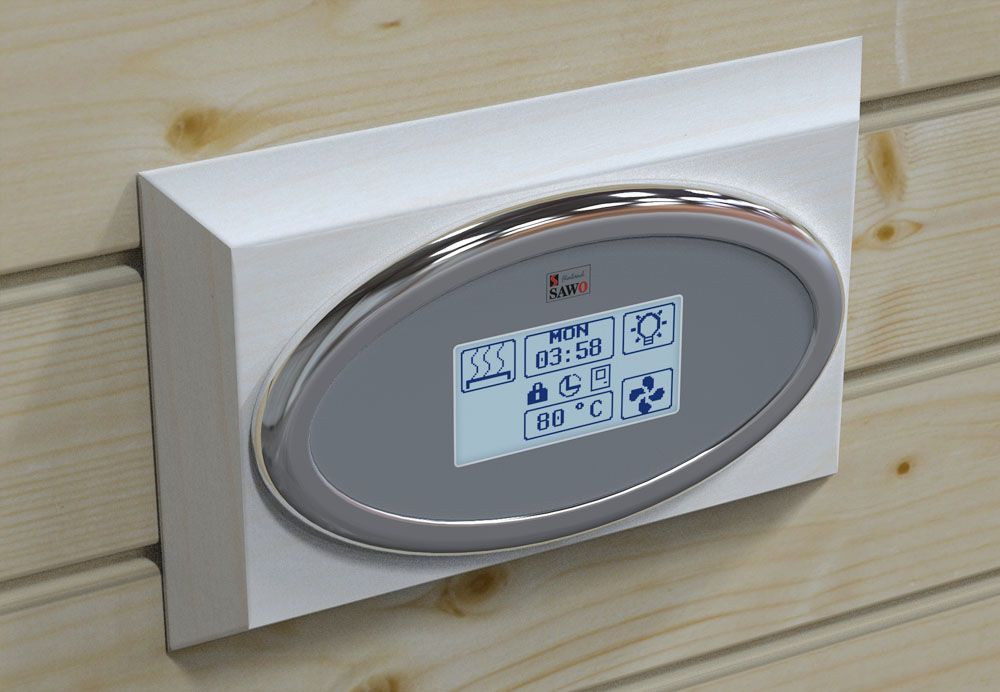 Oval digital wall thermostat with display mounted on a wooden panel wall