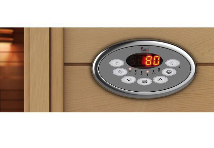 Oval digital control panel showing red “80” on a wood-paneled surface