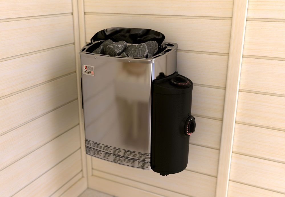 Metal sauna heater with black water tank mounted on a light wood-paneled wall