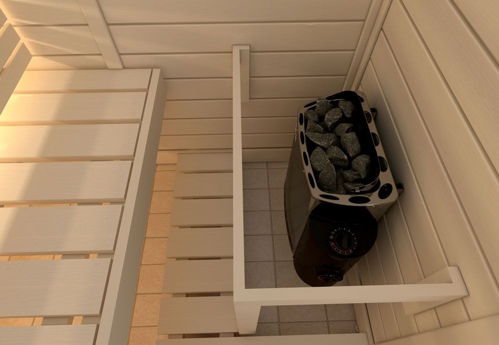 White closet shelf with a black patterned basket and a dark container underneath