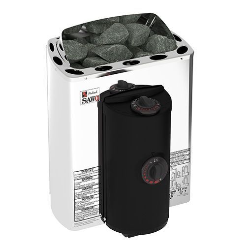 White sauna heater with stones on top and a black control unit attached in front