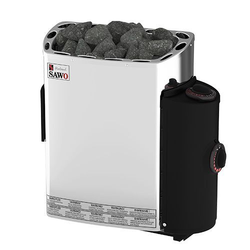 Electric sauna heater with black side tank and gray rocks on top