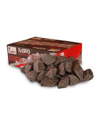 Sawo sauna heater stones beside a red and brown box