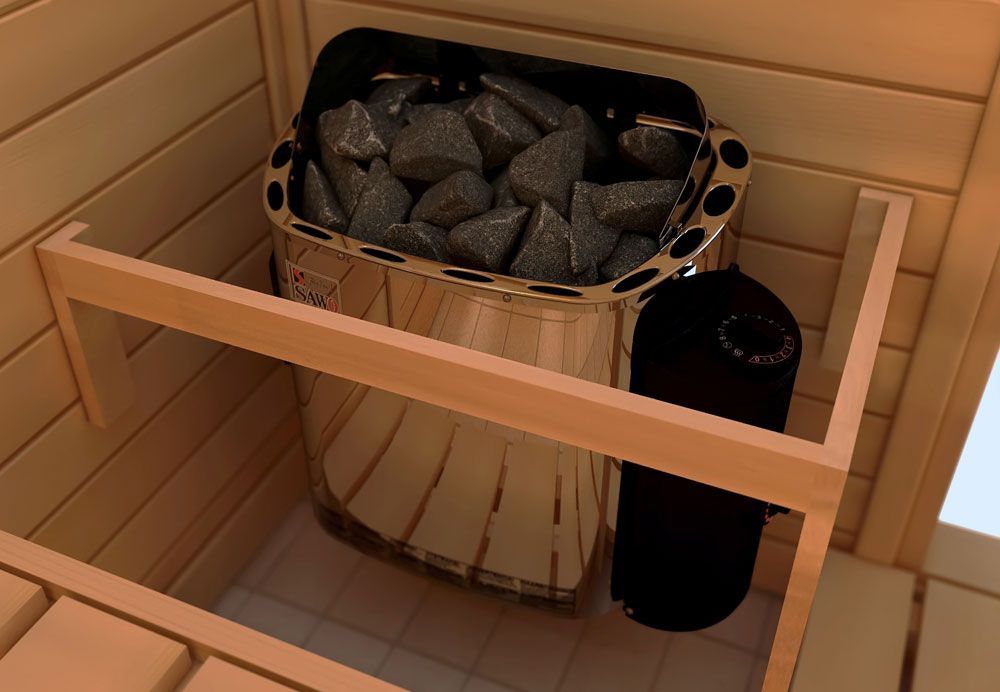 Wood-paneled sauna bench with a bucket of ice, stones, and a black ladle cup