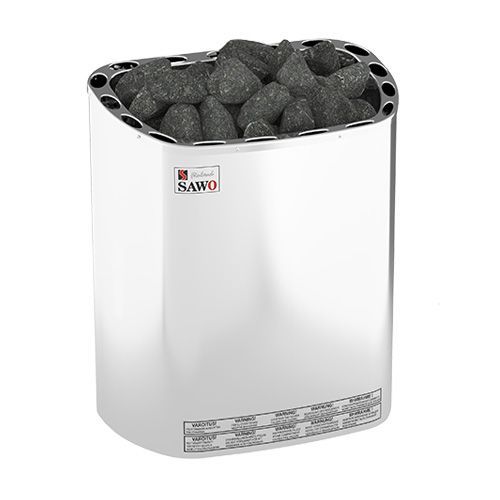 White sauna heater filled with black sauna stones