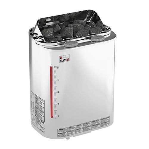White metal sauna heater filled with dark stones and a red water-level gauge on the side