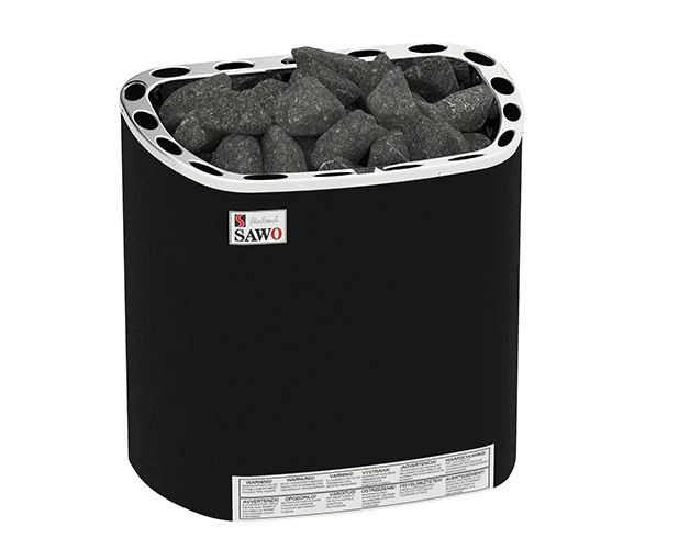 Black electric sauna heater filled with rocks, shown on a white background.