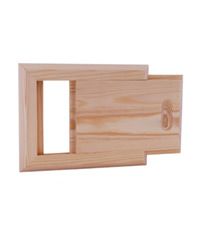 Light wooden sliding window latch with rectangular frame and panel handle