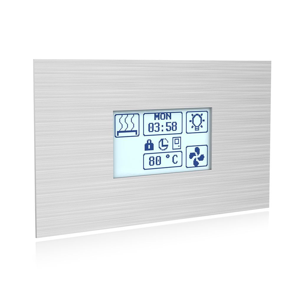 Backlit digital control panel with icons, temperature display, and clock on a brushed metal surface