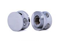Two chrome round cabinet knobs with keyholes, shown on a white background