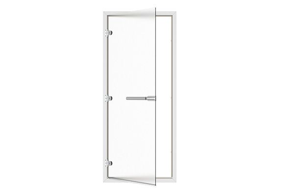 White cabinet door with three hinges and a horizontal handle, shown open against a light background