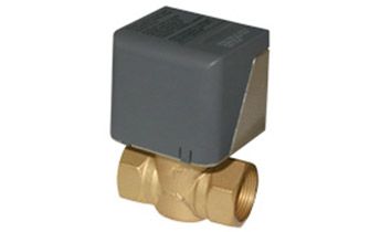 Gray electrical valve actuator on a brass valve body