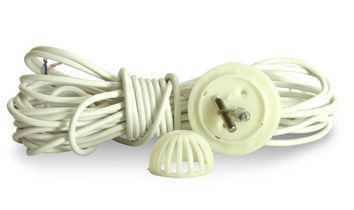 Coiled cream-colored cord with plug and connector on a white background