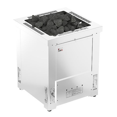 White electric sauna heater filled with black sauna stones