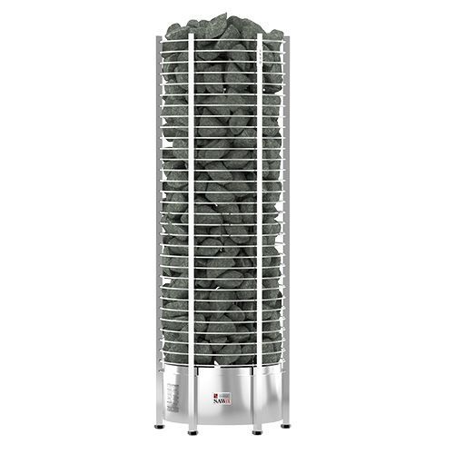 Tall white rotating rack filled with stacked gray trays or plates on a white base