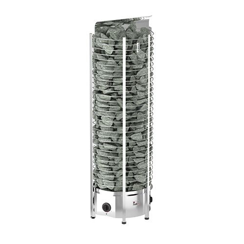 Tall cylindrical stone heater with a white metal base and glass door, filled with stacked stones.