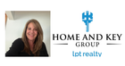 Portrait logo for Home and Key Group, featuring a smiling woman and blue realty key icon