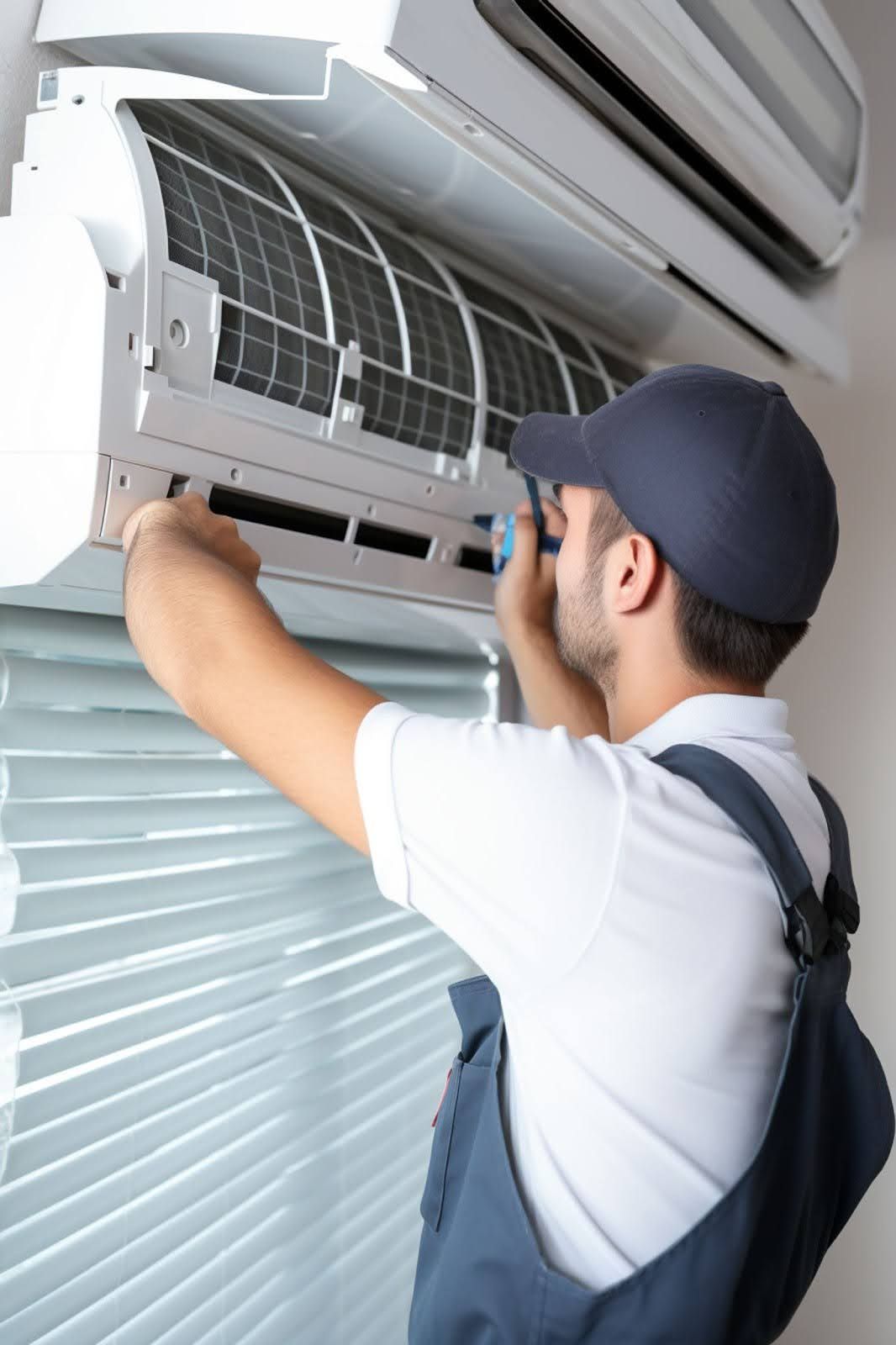 Technician cleaning a wall-mounted air conditioner filter indoors