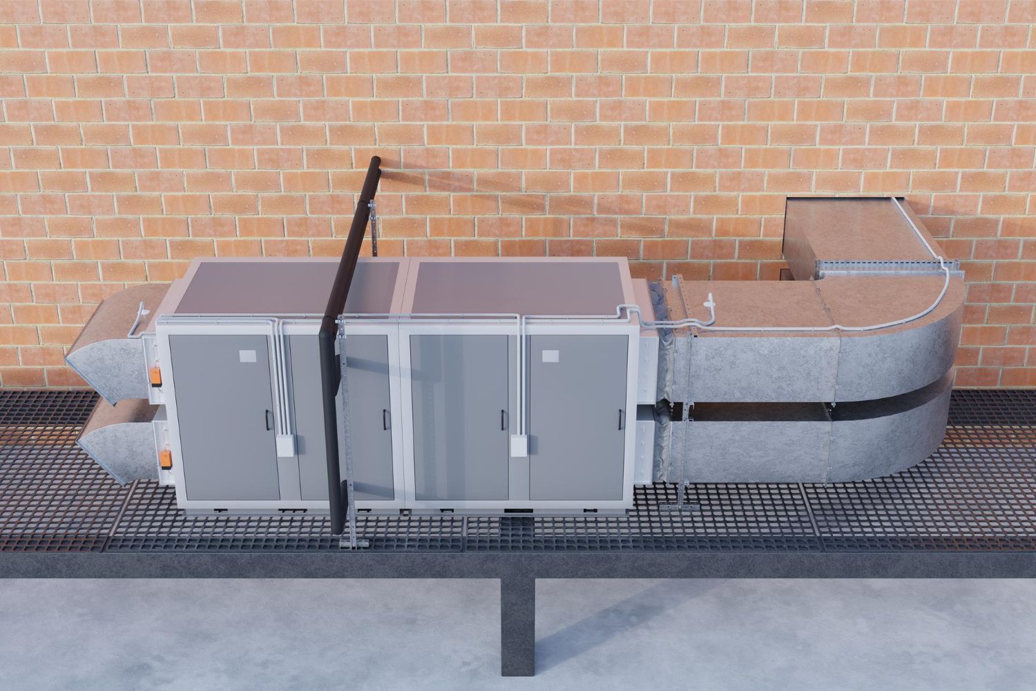 Small industrial machine or equipment setup beside a brick wall, with gray panels and an open top section.