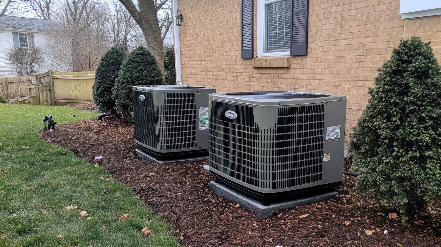 Two outdoor HVAC units beside a brick house, set in a mulched yard with shrubs and bare trees